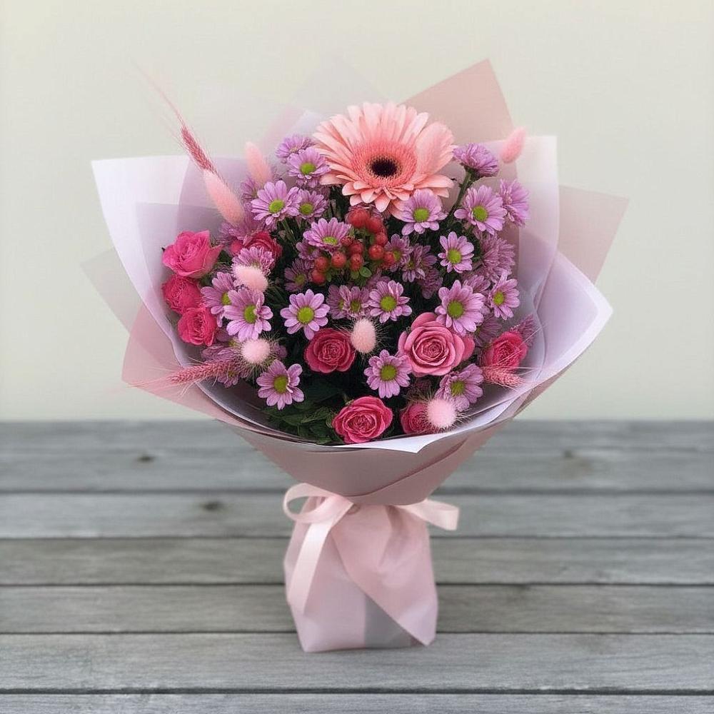 Букет цветов из: Розы, Герберы и Хризантемы в Дмитровское