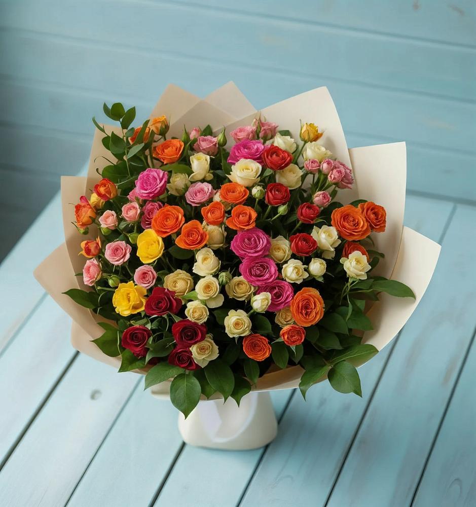 Букет Микс из разноцветных кустовых роз в Дмитровское