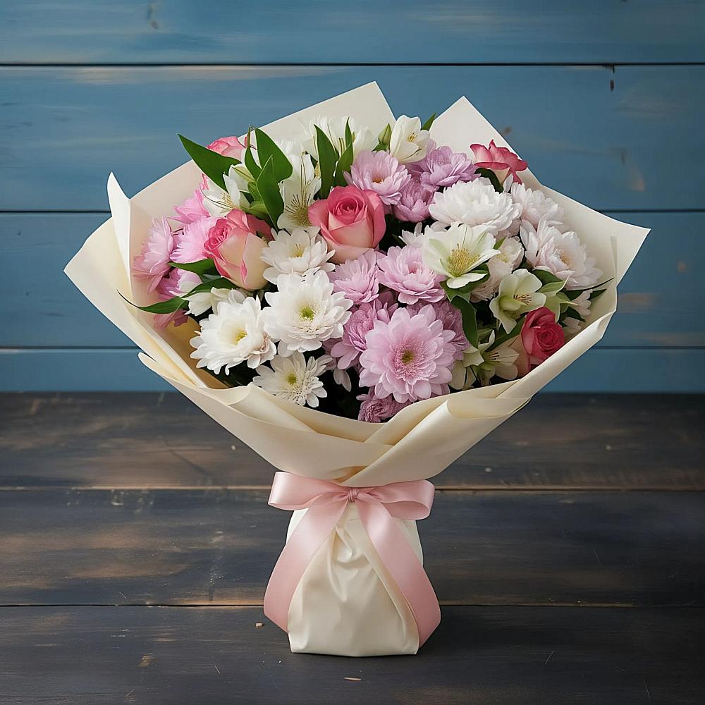 Букет цветов из: Хризантемы, Альстромерии и Розы в Дмитровское